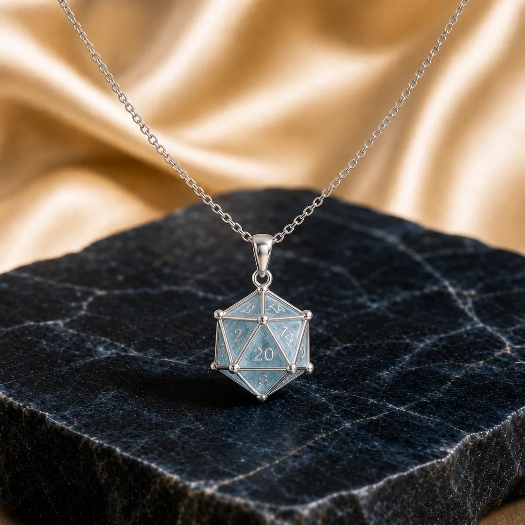 Aquamarine D20 Dice Necklace